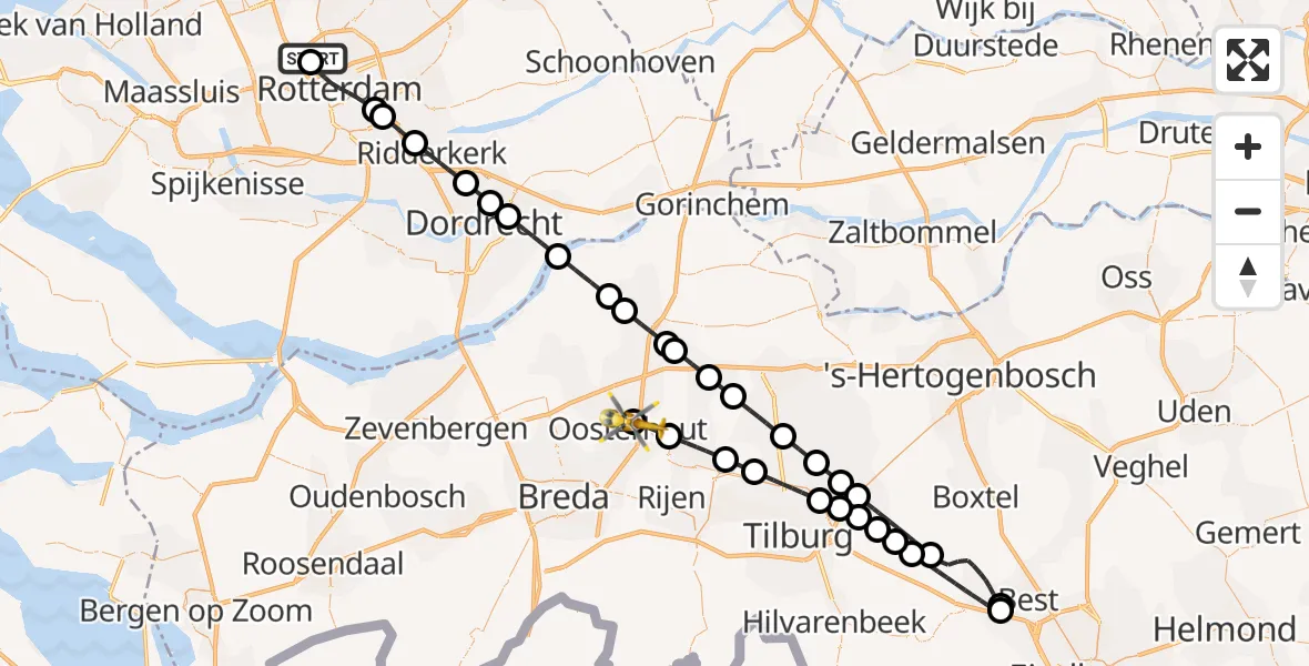 Vluchtroute Traumahelikopter van Rotterdam The Hague Airport naar Oosterhout