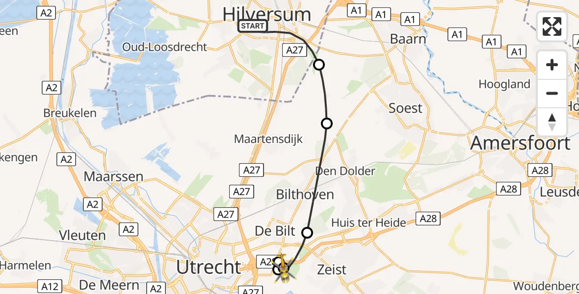 Vluchtroute Traumahelikopter van Hilversum naar University Medical Center Utrecht Heliport