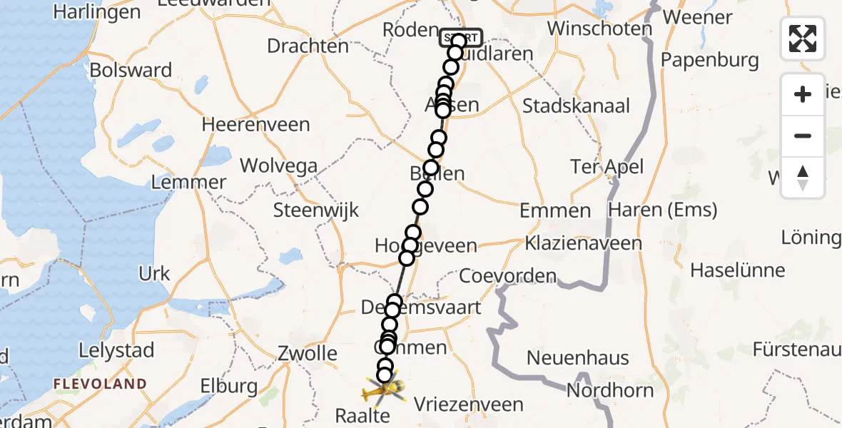 Vluchtroute Traumahelikopter van Groningen Airport Eelde naar Lemelerveld