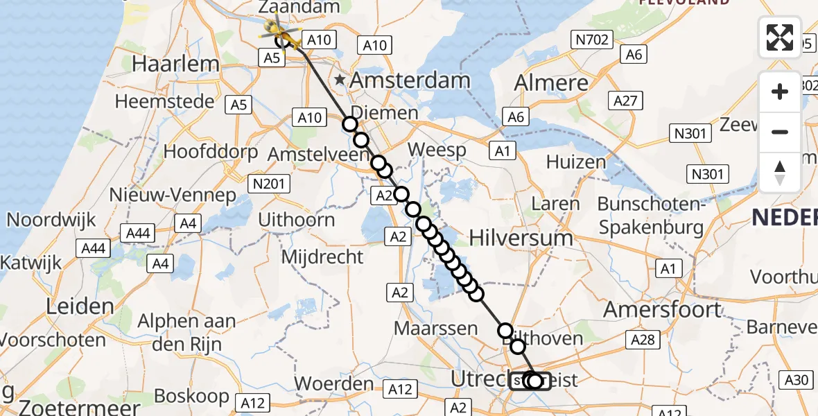 Vluchtroute Traumahelikopter van University Medical Center Utrecht Heliport naar Amsterdam Heliport