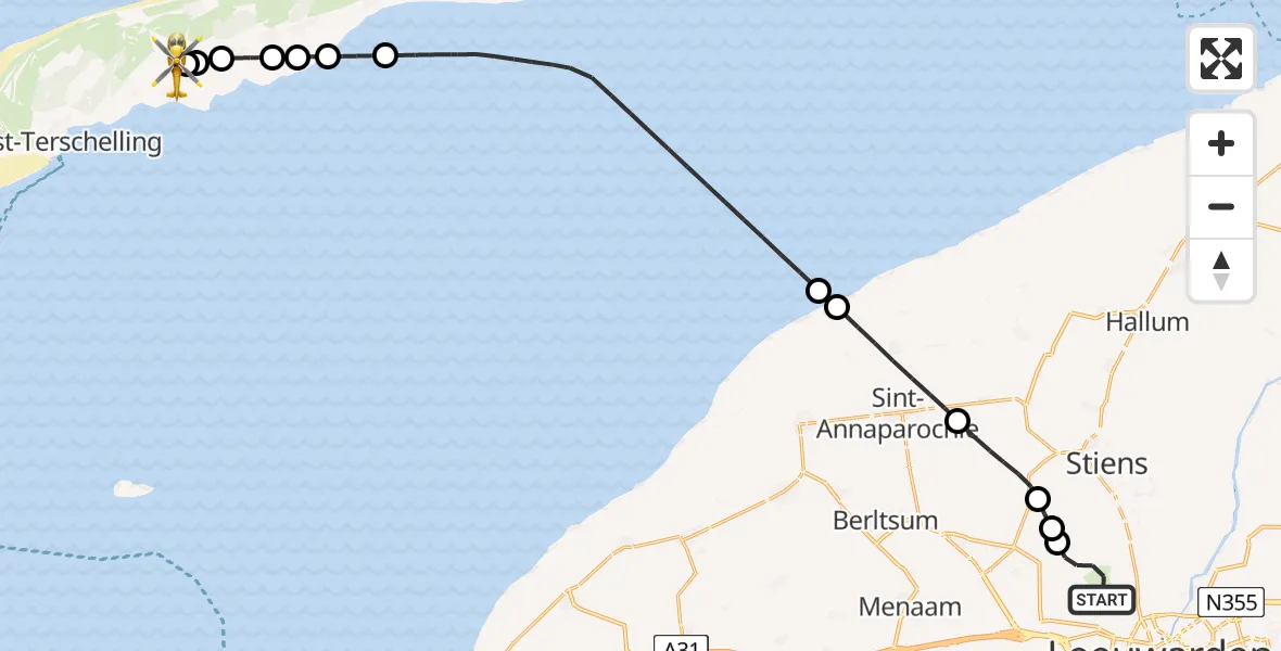 Vluchtroute Ambulancehelikopter van Vliegbasis Leeuwarden naar Terschelling Heliport