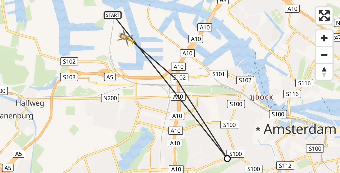 Vluchtroute Traumahelikopter van Amsterdam Heliport naar Amsterdam