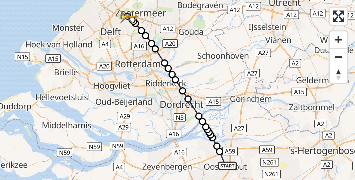 Vluchtroute Traumahelikopter van Oosterhout naar Zoetermeer