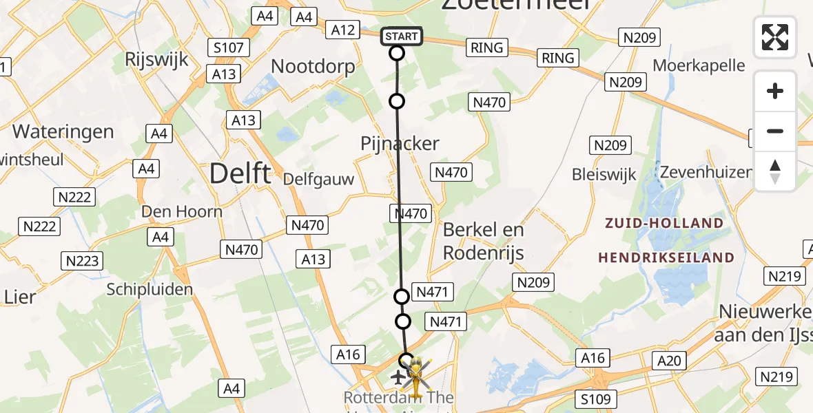 Vluchtroute Traumahelikopter van Zoetermeer naar Rotterdam The Hague Airport