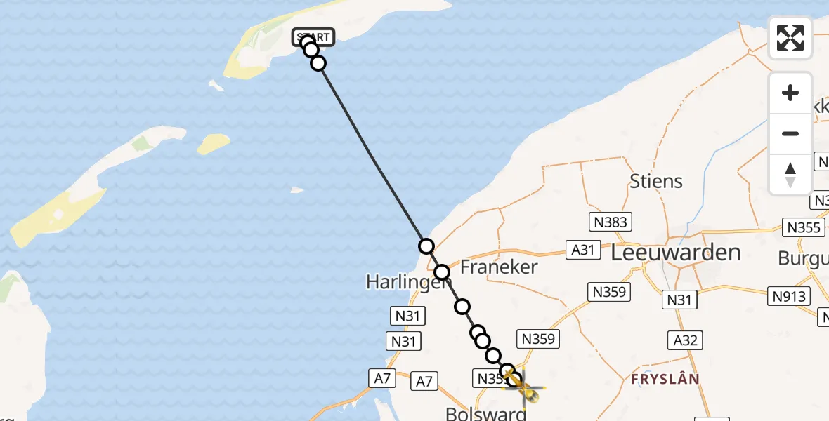 Vluchtroute Ambulancehelikopter van Terschelling Heliport naar Wommels