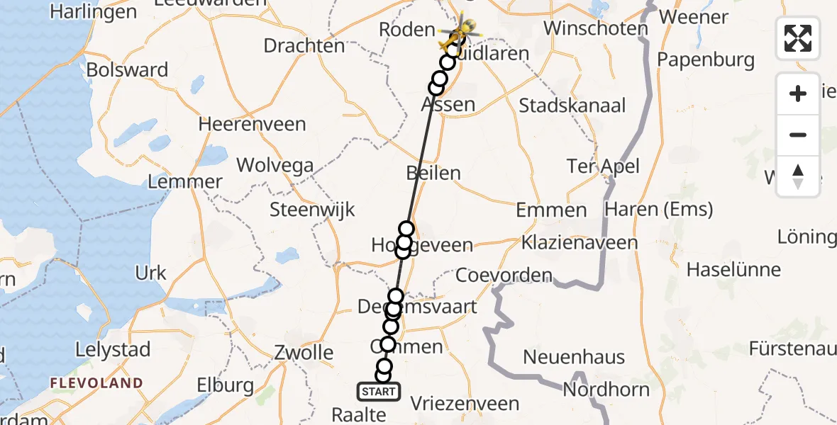 Vluchtroute Traumahelikopter van Lemelerveld naar Groningen Airport Eelde