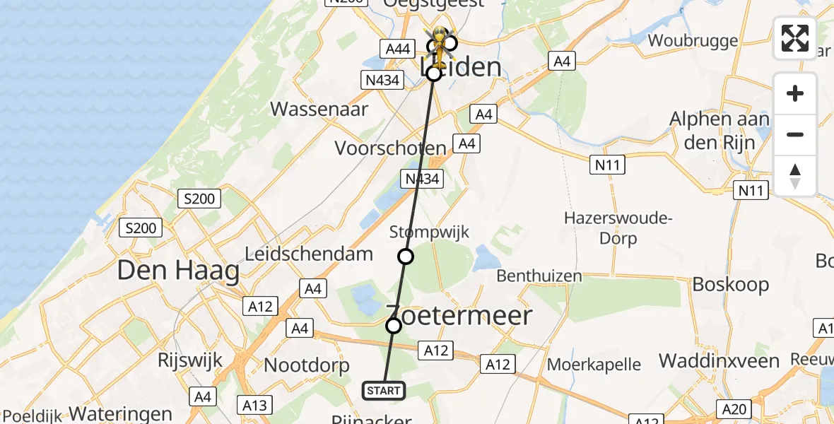 Vluchtroute Traumahelikopter van Pijnacker naar Leiden University Medical Center Heliport