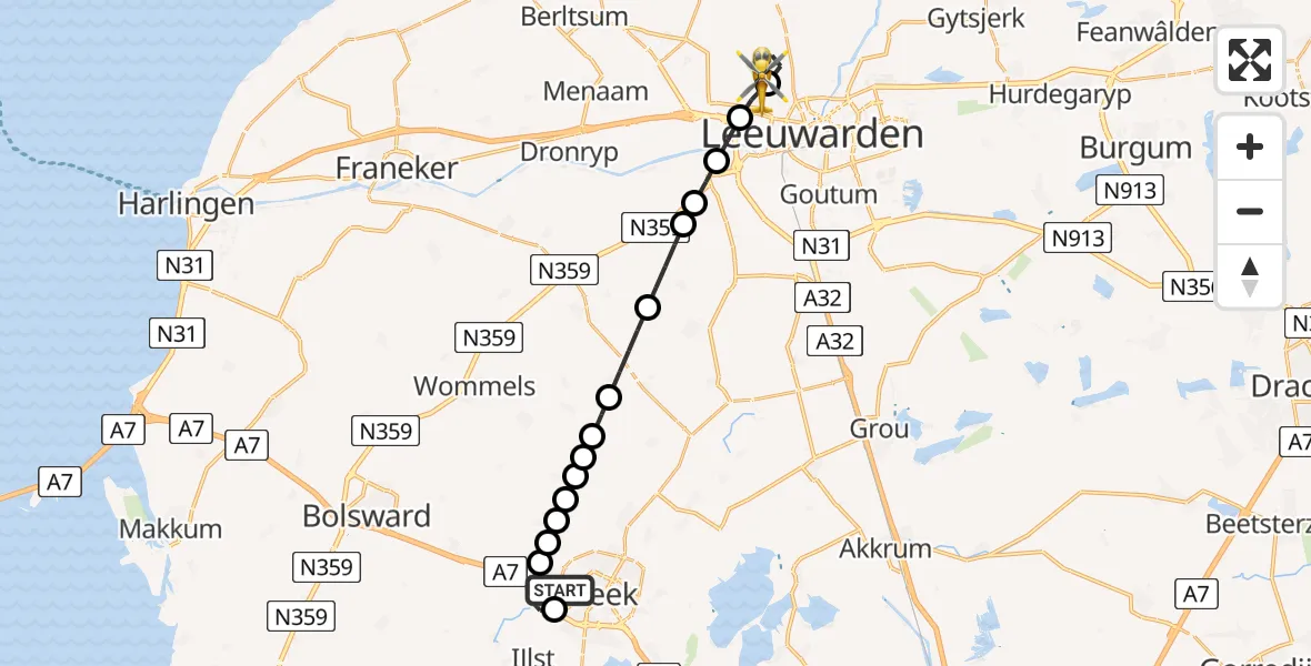 Vluchtroute Ambulancehelikopter van Antonius Hospital Heliport naar Vliegbasis Leeuwarden