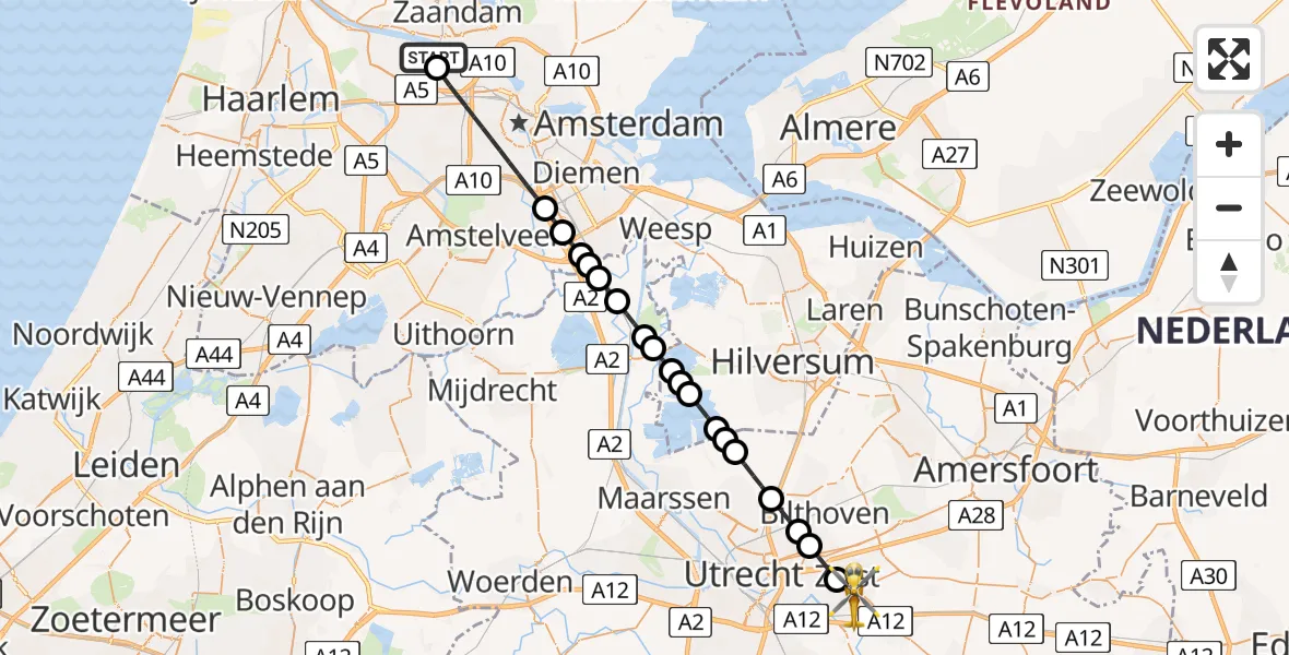 Vluchtroute Traumahelikopter van Amsterdam Heliport naar Zeist