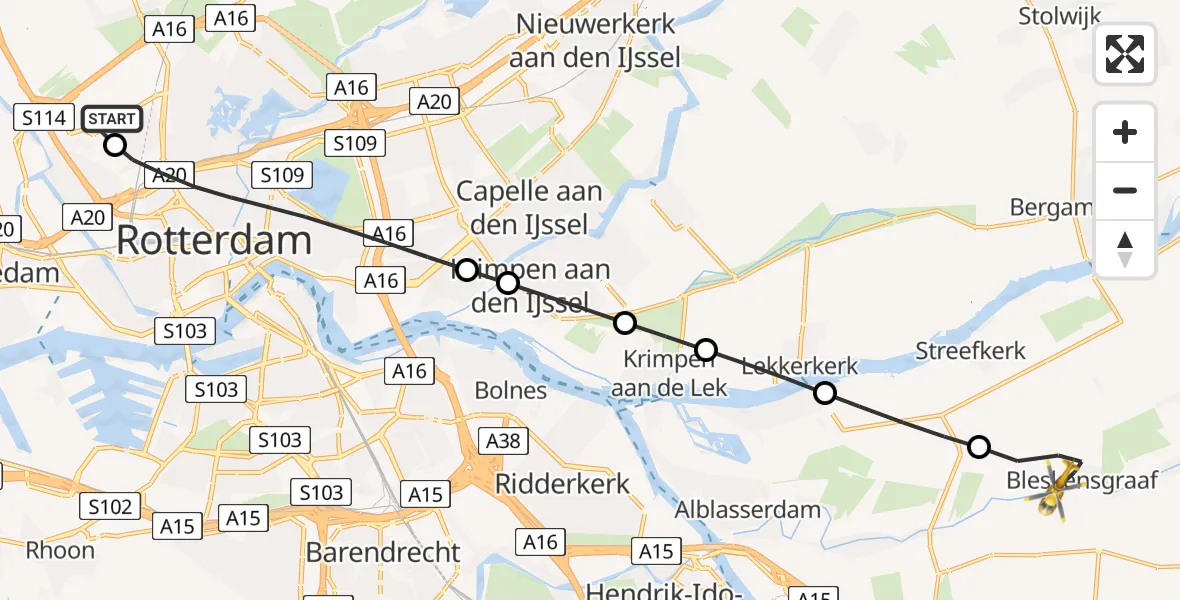 Vluchtroute Traumahelikopter van Rotterdam The Hague Airport naar Bleskensgraaf ca