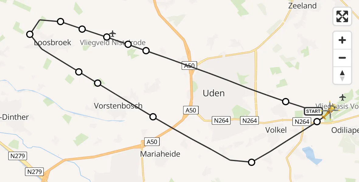 Vluchtroute Traumahelikopter van Vliegbasis Volkel naar Vliegbasis Volkel