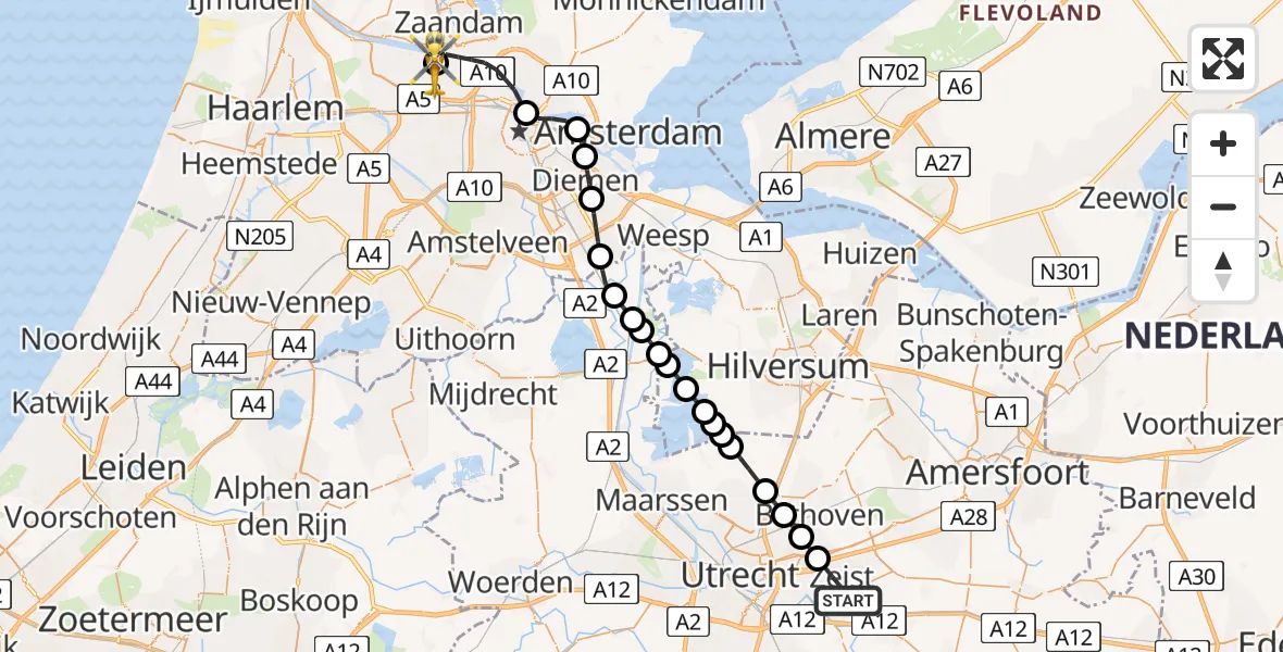 Vluchtroute Traumahelikopter van Zeist naar Amsterdam Heliport
