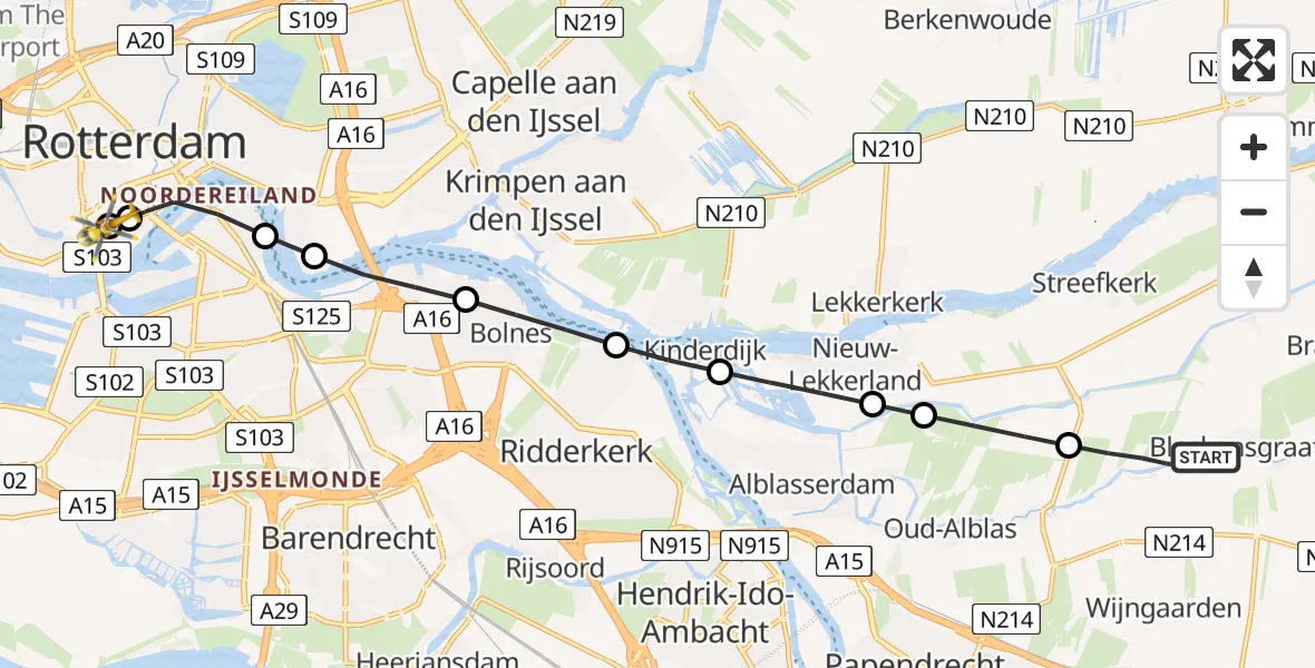 Vluchtroute Traumahelikopter van Bleskensgraaf ca naar Leids Universitair Medisch Centrum (LUMC)