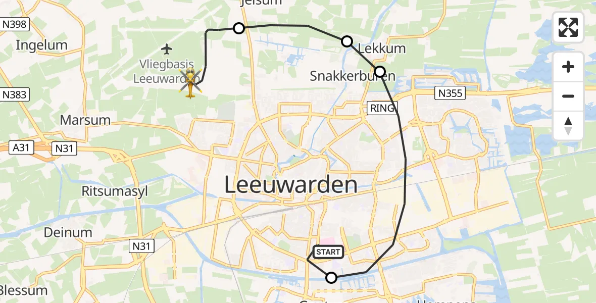 Vluchtroute Ambulancehelikopter van Leeuwarden Medical Center Heliport naar Vliegbasis Leeuwarden