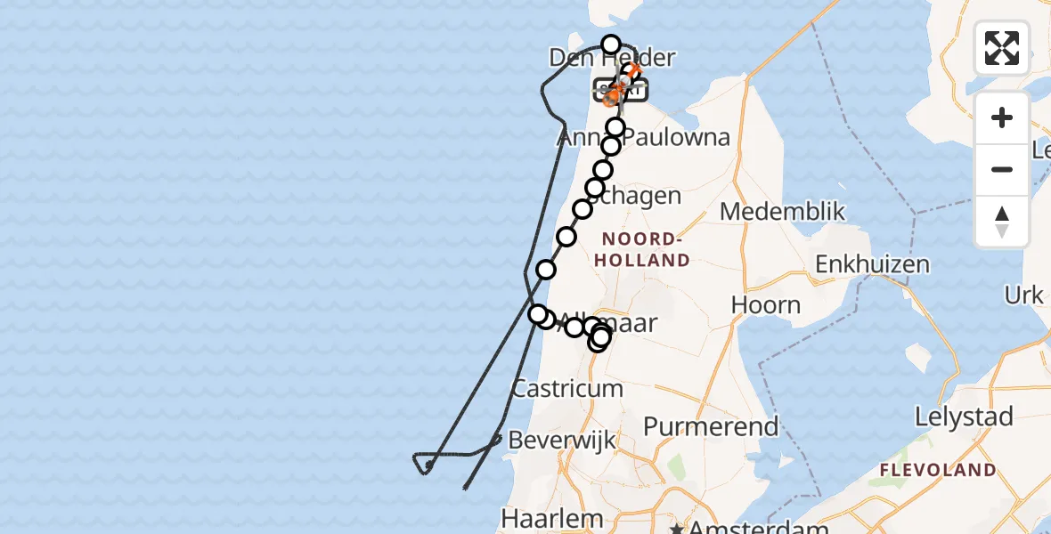 Vluchtroute Kustwachthelikopter van Militair vliegveld De Kooy / Den Helder Airport naar Militair vliegveld De Kooy / Den Helder Airport