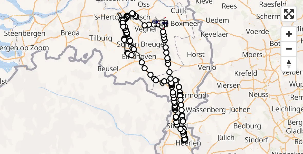 Vluchtroute Politiehelikopter van Vliegbasis Volkel naar Vliegbasis Volkel