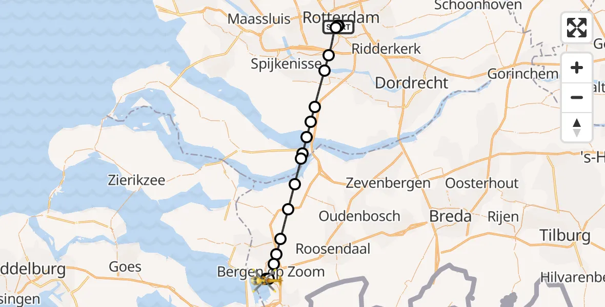 Vluchtroute Traumahelikopter van Leids Universitair Medisch Centrum (LUMC) naar Bergen op Zoom