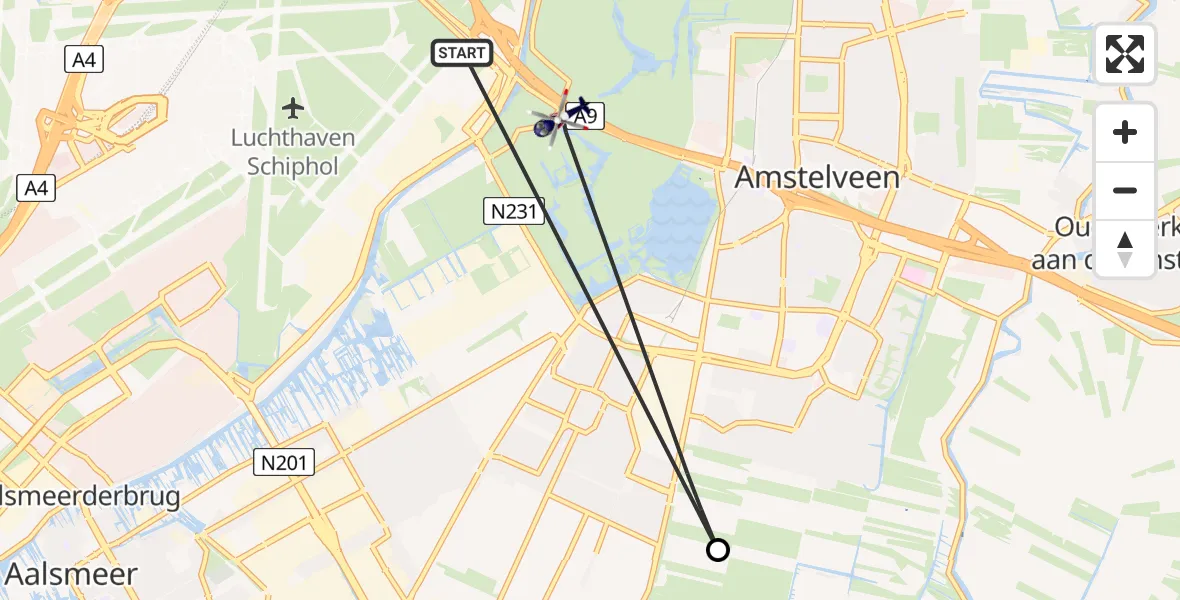 Vluchtroute Politiehelikopter van Amsterdam Vliegveld Schiphol naar Amstelveen