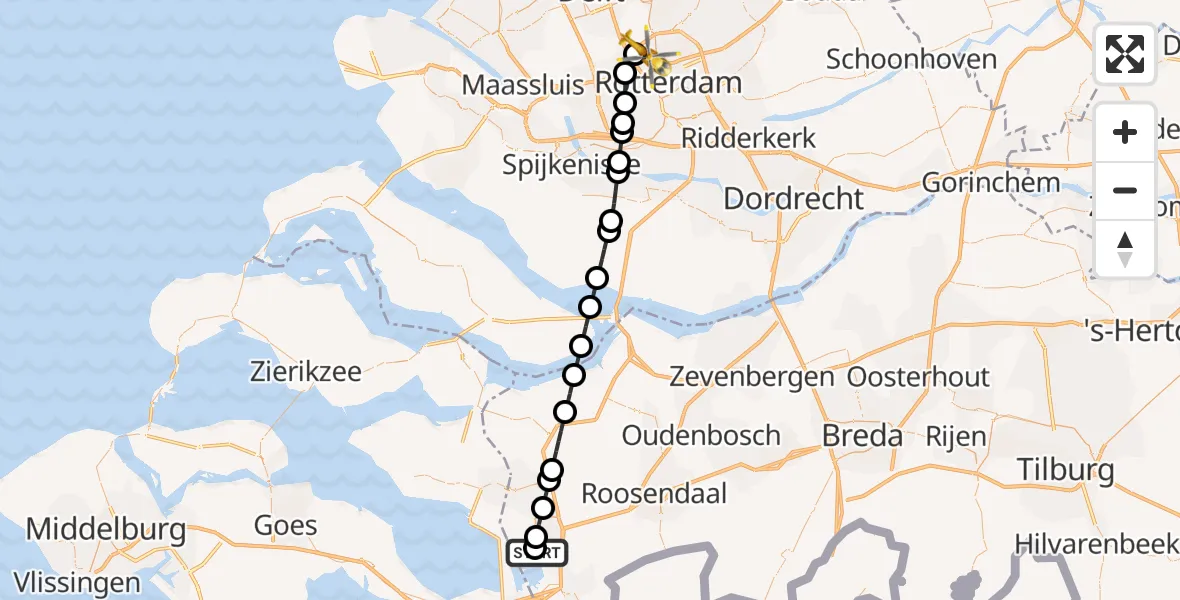 Vluchtroute Traumahelikopter van Bergen op Zoom naar Rotterdam The Hague Airport