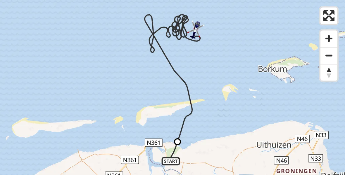 Vluchtroute Politiehelikopter van Lauwersoog naar Noordzee