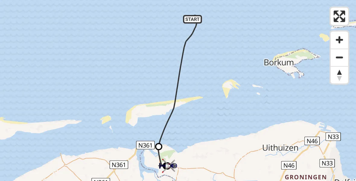 Vluchtroute Politiehelikopter van Noordzee naar Lauwersoog