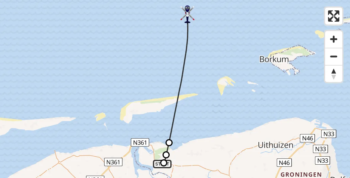 Vluchtroute Politiehelikopter van Lauwersoog naar Noordzee