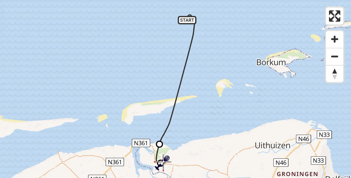 Vluchtroute Politiehelikopter van Noordzee naar Lauwersoog