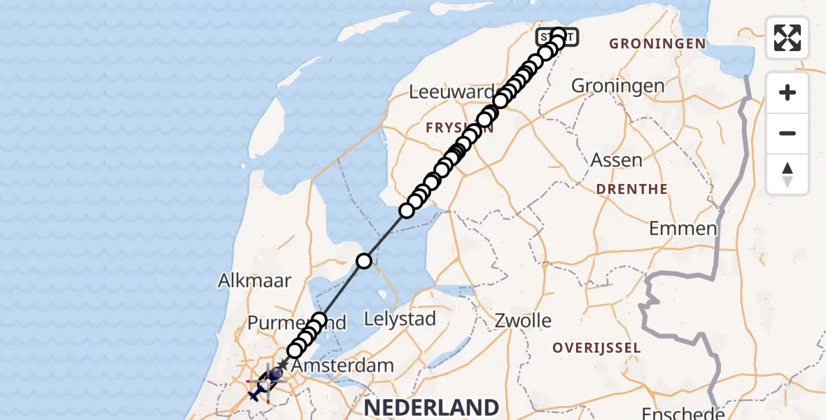 Vluchtroute Politiehelikopter van Marnewaard Heliport naar Amsterdam Vliegveld Schiphol