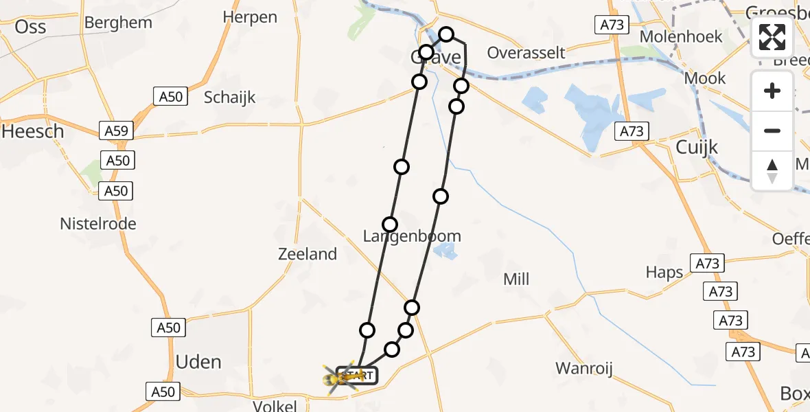 Vluchtroute Traumahelikopter van Vliegbasis Volkel naar Vliegbasis Volkel
