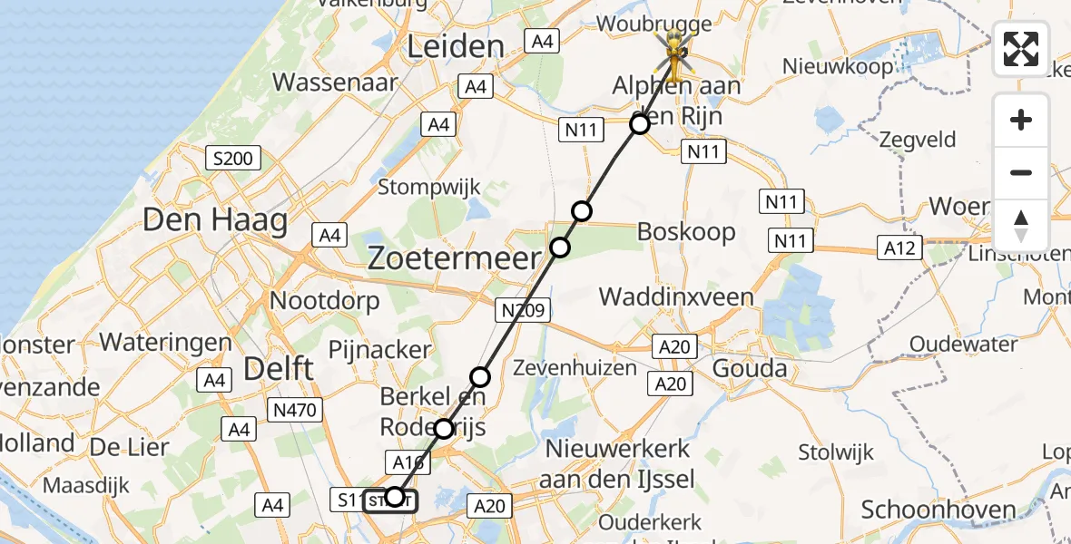 Vluchtroute Traumahelikopter van Rotterdam The Hague Airport naar Alphen aan den Rijn