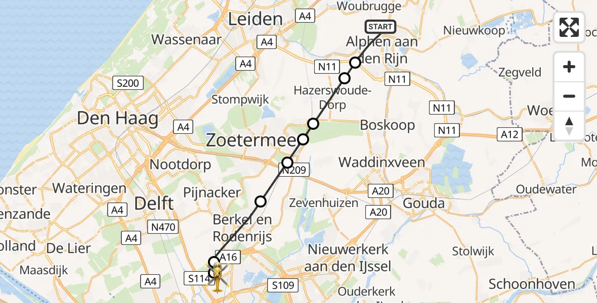Vluchtroute Traumahelikopter van Alphen aan den Rijn naar Rotterdam The Hague Airport