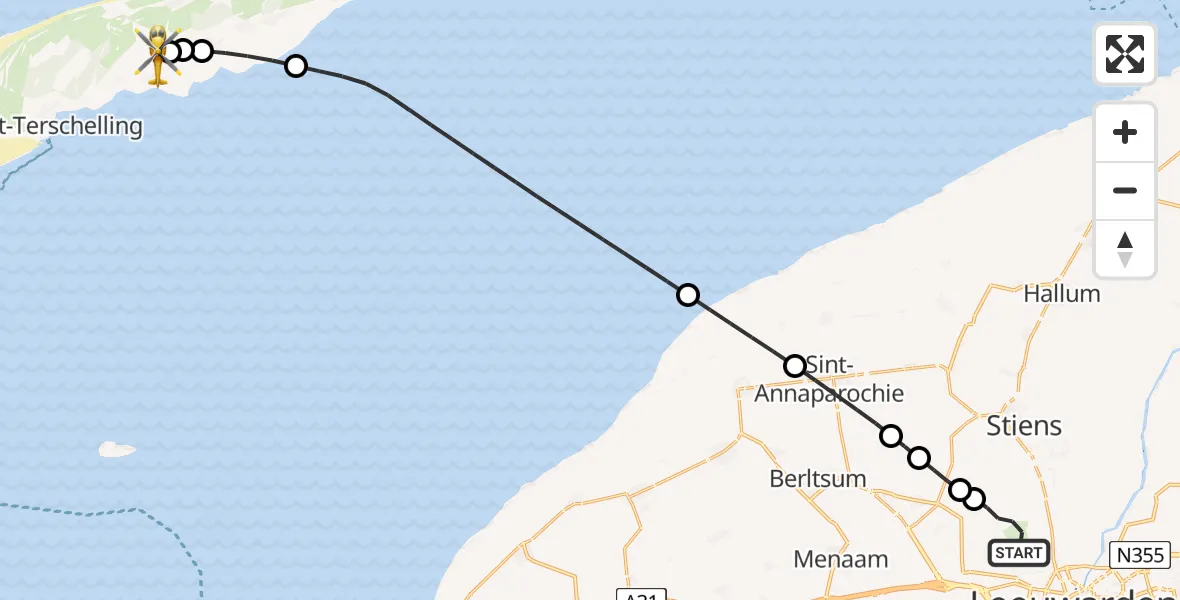 Vluchtroute Ambulancehelikopter van Vliegbasis Leeuwarden naar Terschelling Heliport