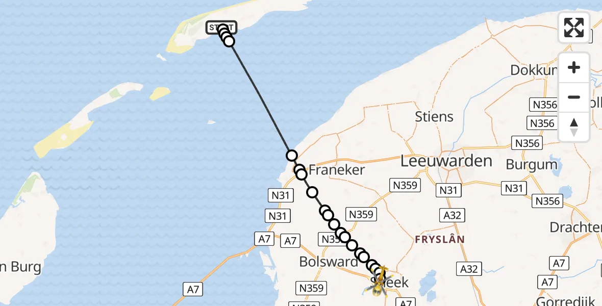 Vluchtroute Ambulancehelikopter van Terschelling Heliport naar Antonius Hospital Heliport