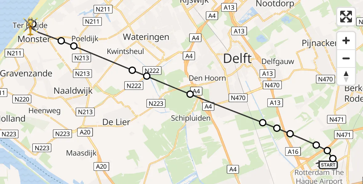 Vluchtroute Traumahelikopter van Rotterdam The Hague Airport naar Ter Heijde