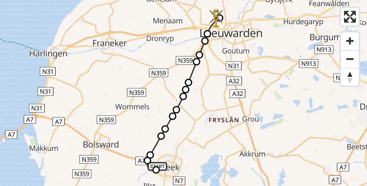 Vluchtroute Ambulancehelikopter van Antonius Hospital Heliport naar Vliegbasis Leeuwarden