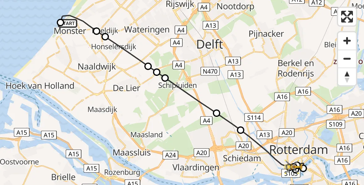 Vluchtroute Traumahelikopter van Ter Heijde naar Leids Universitair Medisch Centrum (LUMC)