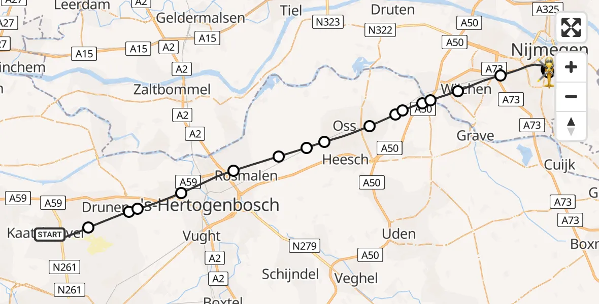 Vluchtroute Traumahelikopter van Kaatsheuvel naar Radboud University Medical Center Heliport