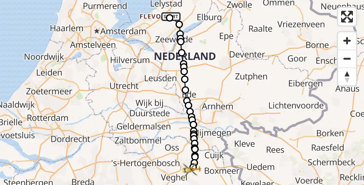 Vluchtroute Traumahelikopter van Lelystad Airport naar Vliegbasis Volkel