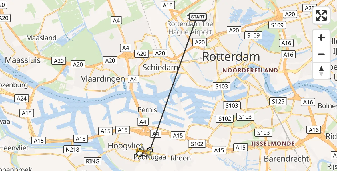 Vluchtroute Traumahelikopter van Rotterdam The Hague Airport naar Poortugaal
