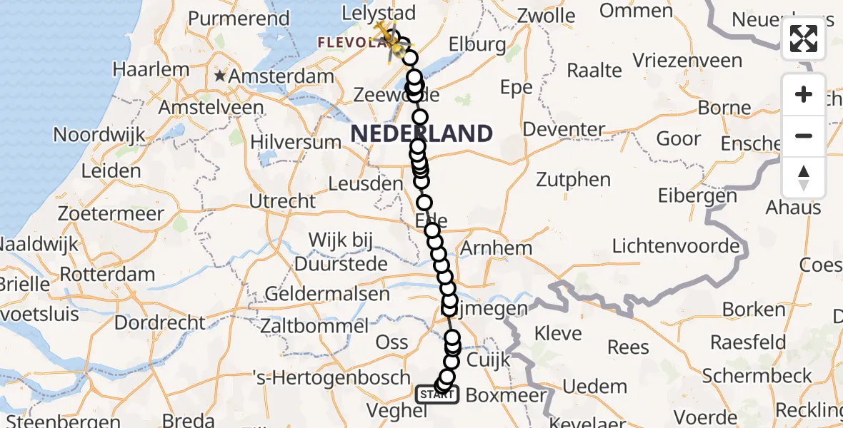 Vluchtroute Traumahelikopter van Vliegbasis Volkel naar Lelystad Airport