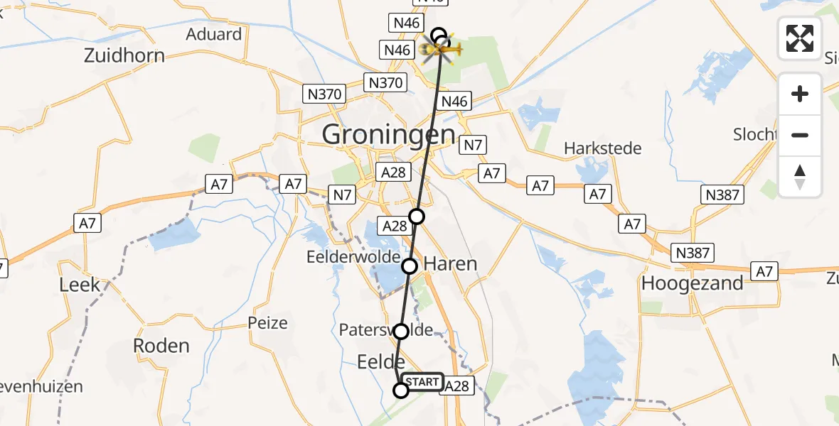Vluchtroute Traumahelikopter van Groningen Airport Eelde naar Groningen