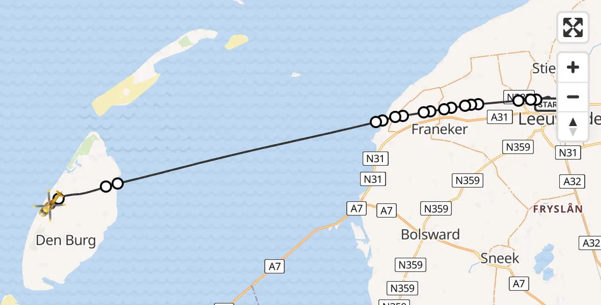 Vluchtroute Ambulancehelikopter van Vliegbasis Leeuwarden naar De Koog