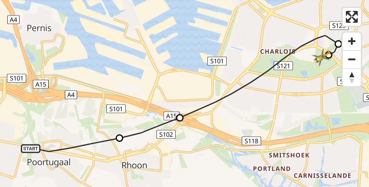 Vluchtroute Traumahelikopter van Poortugaal naar Rotterdam