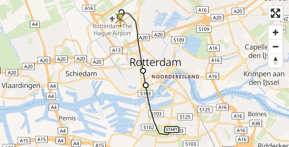 Vluchtroute Traumahelikopter van Rotterdam naar Rotterdam The Hague Airport