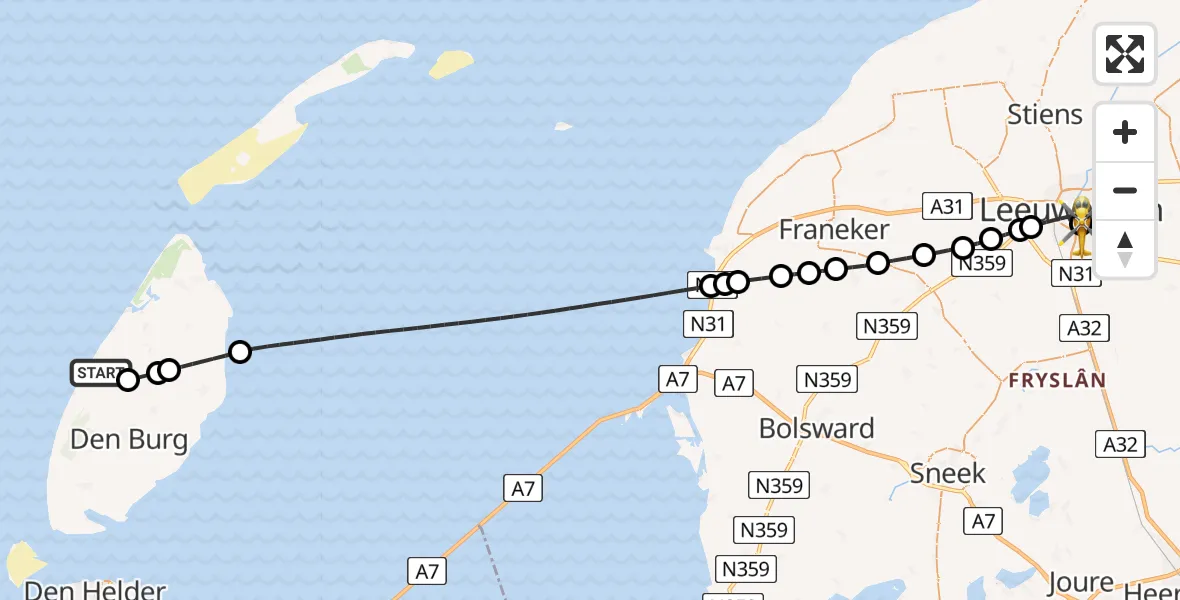 Vluchtroute Ambulancehelikopter van De Koog naar Leeuwarden Medical Center Heliport