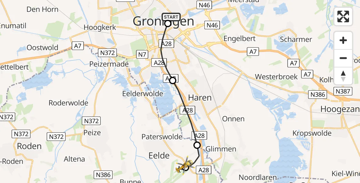 Vluchtroute Traumahelikopter van Universitair Medisch Centrum Groningen naar Groningen Airport Eelde