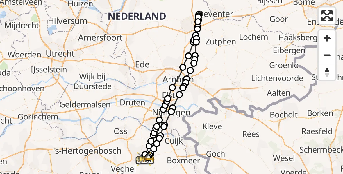 Vluchtroute Traumahelikopter van Vliegbasis Volkel naar Vliegbasis Volkel