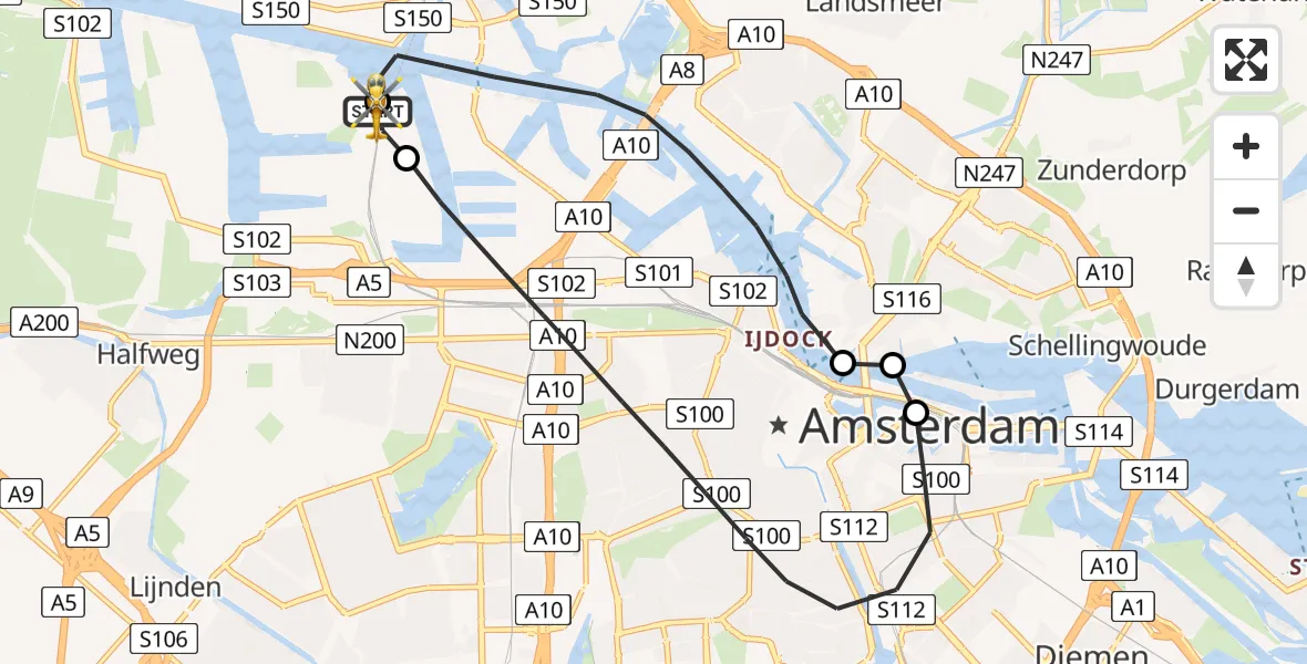 Vluchtroute Traumahelikopter van Amsterdam Heliport naar Amsterdam Heliport
