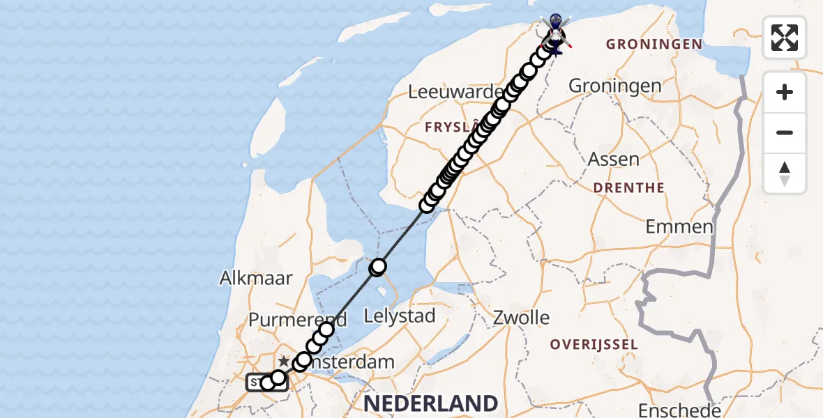 Vluchtroute Politiehelikopter van Amsterdam Vliegveld Schiphol naar Lauwersoog