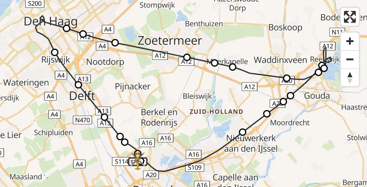 Vluchtroute Traumahelikopter van Rotterdam The Hague Airport naar Rotterdam The Hague Airport